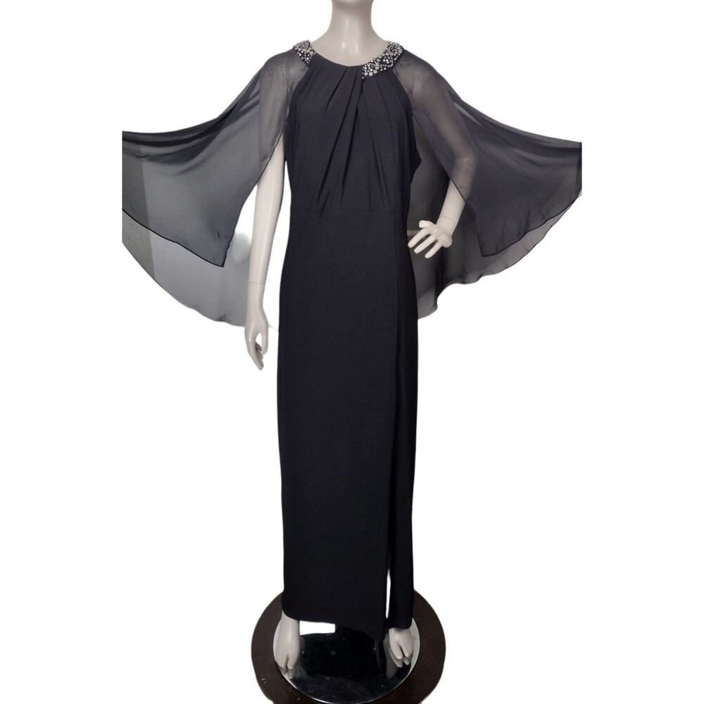 Vintage Scarlett Black Beaded Elegant Flowy Sheer Capelet Slit Formal Maxi Dress